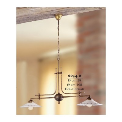 Lampada a bilanciere a 2 luci in ottone con piatti in ceramica decorato retrò country – Ø 108 cm