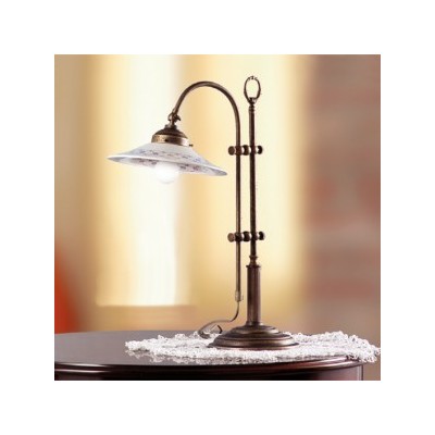 Lampe de table en laiton et abat-jour en céramique au décor rétro country - h 58 cm