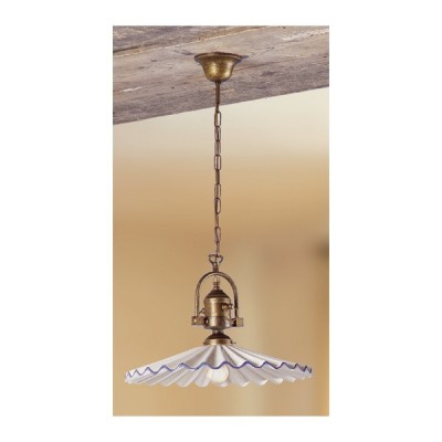 Lampada a sospensione in ottone con paralume in ceramica decorato vintage country – Ø 43 cm