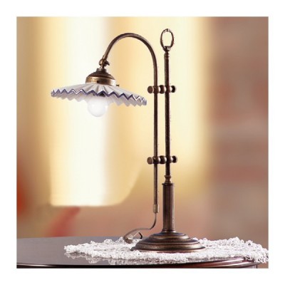 Lampada da tavolo in ottone e paralume in ceramica decorato country retrò – h 58 cm