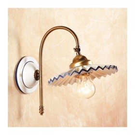 Applique wall lamp in satin brass and retro rustic pleated ceramic lampshade - Ø cm.21