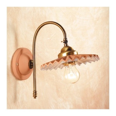 Applique wall lamp in satin brass and vintage country pleated terracotta lampshade – Ø 21 cm
