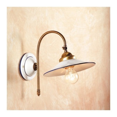 Applique wall lamp in satin brass and rustic retro smooth ceramic lampshade - Ø cm.21