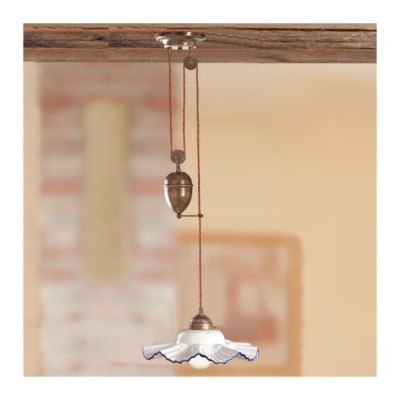 Sliding chandelier with brass counterweight and pleated ceramic plate – Ø 30 cm