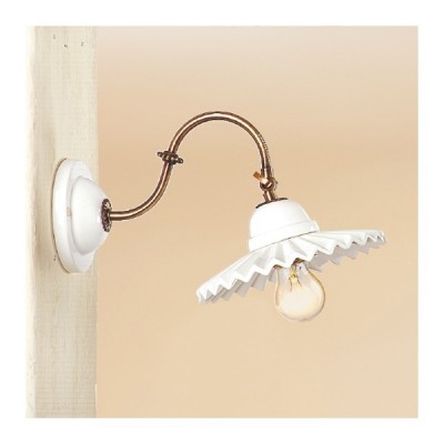 Applique applique en laiton et abat-jour rétro country plissé en céramique blanche - Ø 21 cm