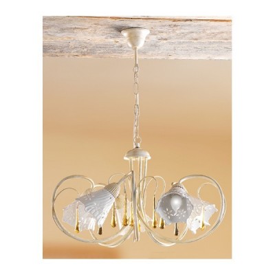 Suspension 5 lumières en fer et plaque rétro vintage en céramique perforée - Ø 55 cm
