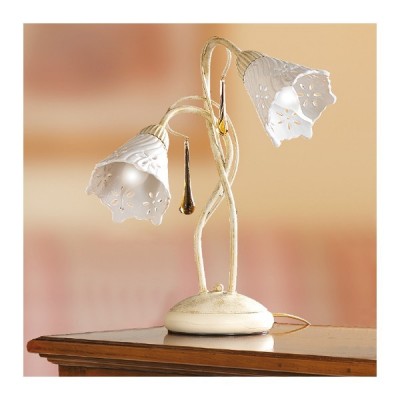 Lampe de table en fer 2 lumières avec diffuseur rétro vintage en céramique perforée - h. 40 cm