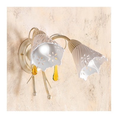 Applique lampada da parete a 2 luci con piatto in ceramica traforata country vintage – h 24 cm