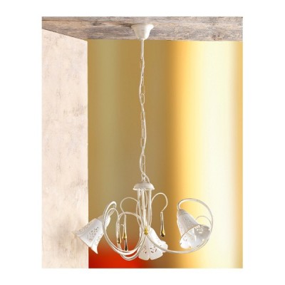 Lampada a sospensione a 3 luci in ferro e piatto in ceramica traforata country retrò – Ø 55 cm