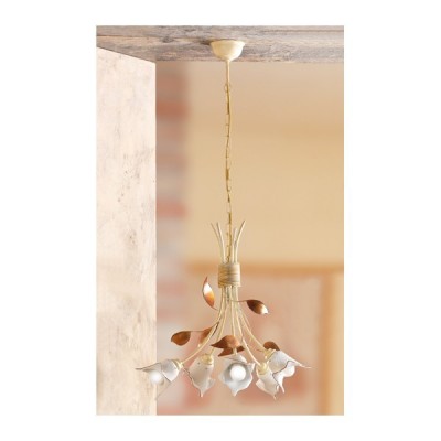Suspension 5 lumières en fer et plaque en céramique calla rétro vintage - Ø 44 cm