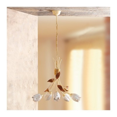 Pendelleuchte mit 5 Leuchten aus Eisen und rustikaler Retro-Tulio-Keramikplatte – Ø 55 cm