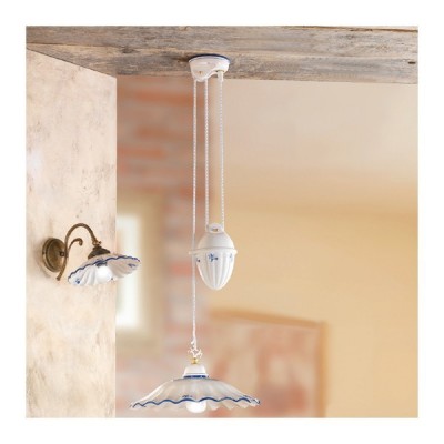 Sliding chandelier with counterweight and pleated and decorated vintage rustic ceramic lampshade - Ø 38 cm
