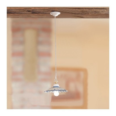 Lustre à suspension avec abat-jour en céramique plissée et décoration champêtre rustique - Ø 28 cm