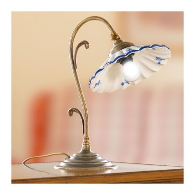 Lampada da tavolo in ottone e diffusore in ceramica plissettata e decorata vintage retrò - h.35 cm