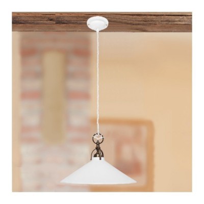 Suspension chandelier with rustic country smooth glossy white ceramic lampshade - Ø 26 cm