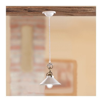 Lustre suspension avec abat-jour vintage rétro en céramique lisse blanc brillant - Ø 18,5 cm