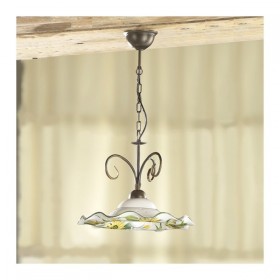 Suspension en fer 1 lumière avec plaque ondulée en céramique et décor floral – Ø 41 cm