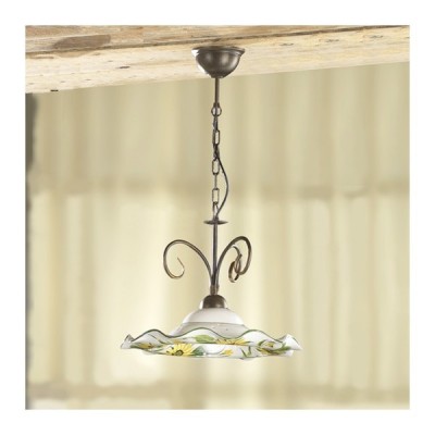Lámpara colgante de hierro de 1 luz con placa de cerámica ondulada y decoración floral – Ø 41 cm