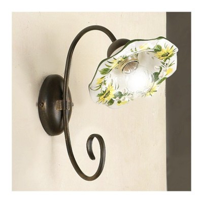 Applique lampada da parete ad 1 luce in ferro con piatto paralume in ceramica ondulata decorata retrò vintage - h. 29 cm