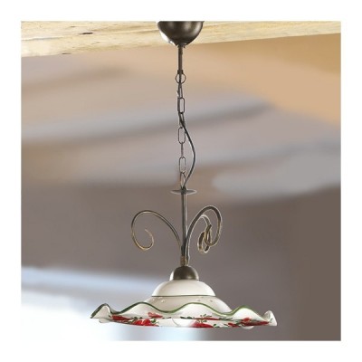 1-light iron pendant lamp with wavy ceramic plate and floral decoration – Ø 41 cm