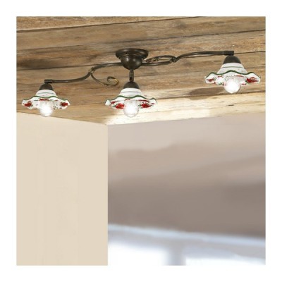 Plafoniera lampada da soffitto in ferro a 3 luci con paralumi in ceramica ondulata decorata rustica country - Ø 95 cm