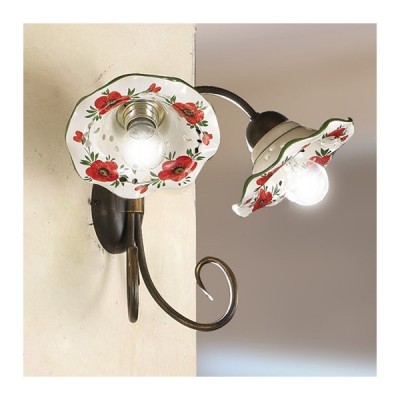 Applique wall lamp with 2 lights with rustic country decorated wavy ceramic lampshades - h. 30cm