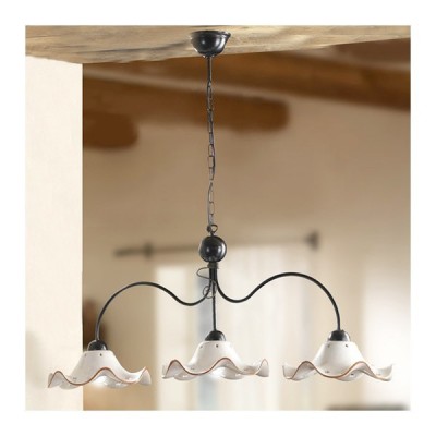 Lampada a bilanciere a 3 luci con piatti in ceramica ondulati decorati vintage country – Ø 116 cm