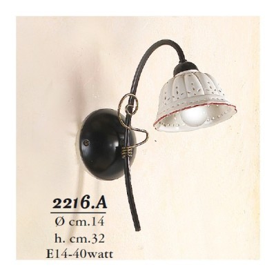 Applique lampada da parete ad 1 luce con piatto paralume in ceramica plissettata traforata country rustica - h. 32 cm
