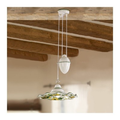 Lustre coulissant avec contrepoids et abat-jour en céramique à décor floral rustique vintage - Ø 41 cm