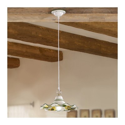 Lámpara de suspensión con pantalla de cerámica ondulada y decoración floral campestre rústica - Ø 32 cm