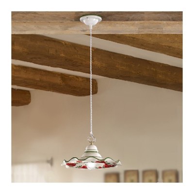 Lámpara de suspensión con pantalla de cerámica ondulada y decoración floral campestre rústica - Ø 32 cm