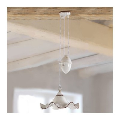 Up and down chandelier with counterweight and lampshade in vintage rustic decorated and perforated ceramic - Ø 40 cm