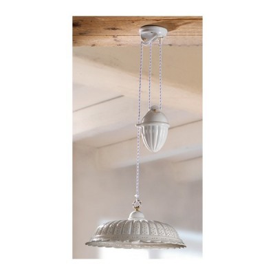 Schiebe-Kronleuchter mit Gegengewicht und Lampenschirm aus plissierter und perforierter Vintage-Keramik im Landhausstil – Ø 42 c