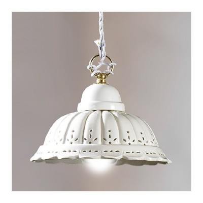 Lampadario a sospensione con paralume in ceramica plissettata e traforata vintage country – Ø 22 cm