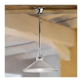 Lampada a sospensione in ottone cromato con piatto paralume in ceramica bianca liscia lucida – Ø 35 cm