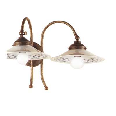 Applique wall lamp with 2 lights in brass and retro style decorated ceramic plates - Ø 21 cm