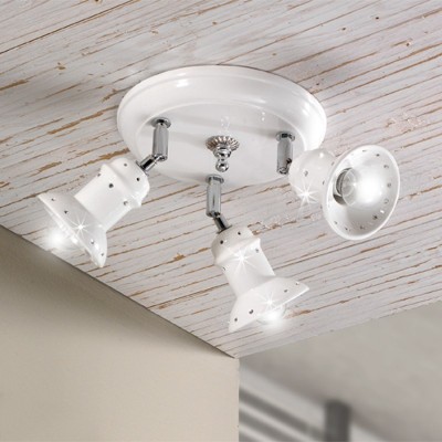 Three-light white glazed ceramic ceiling lamp with crystal details Ø 10 cm