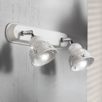 Aplique de dos luces de cerámica esmaltada en blanco con elementos de cristal y motivos florales Ø 10 cm