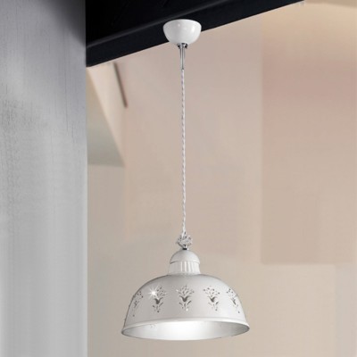 Lampadario in ceramica smaltata bianca e dettagli in cristallo stile rustico con elementi floreali Ø 30 cm